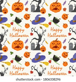 seamless pattern, for decoration design, for all saints eve Halloween, Scary tree, pumpkins, tombstones and inscriptions, flat vector illustration
