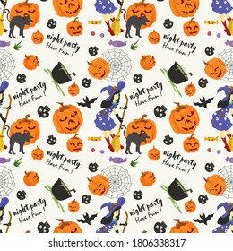seamless pattern, for decoration design, for all saints eve Halloween, Witch with broom, black cat, pumpkins and lettering, flat vector illustration