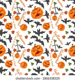 seamless pattern, for decoration design, for all saints eve Halloween, Pumpkins bats and lettering, flat vector illustration