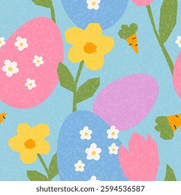 Seamless pattern for decoration of Easter. Creative Easter vector pattern with hand drawn spring flowers, eggs. Holiday banner for design of party, celebration, ads, branding, cover, card, sale, event
