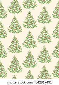 Seamless Pattern with Decoration Evergreen Christmas Tree Pine Isolated on Beige Background
