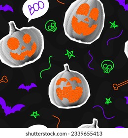 Seamless pattern for decoration of Halloween. Halftone pumpkins with doodles. Trendy vector illustration in collage style. Halloween seamless background with halftone collage elements and doodles.