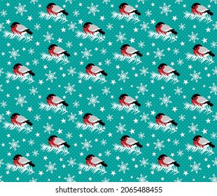 Seamless pattern decoration of red bullfinch bird and snowflake Eps 10