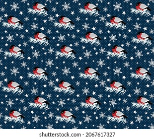 Seamless pattern decoration of red bullfinch bird and snowflake  