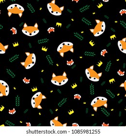 Seamless pattern for decoration, with red foxes, crowns and leaves on black background