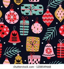 seamless pattern with Сhristmas decorations on black background - vector illustration, eps