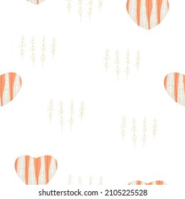 Seamless pattern with decorative abstract heart, plant natural elements,  hugge, hygge.