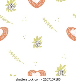 Seamless pattern with a decorative abstract heart in the Scandinavian style hygge, hugge, with elements of nature, leafes, abstract flowers, brunch