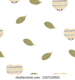 Seamless pattern with decorative abstract heart in scandinavian hygge style, hugge, with elements of nature, cinnamon