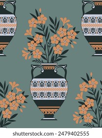 Seamless pattern with decorative ancient greek vase and flowers