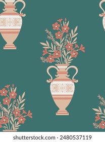 Seamless pattern with decorative ancient greek vase and flowers