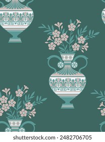 Seamless pattern with decorative ancient greek vase and flowers
