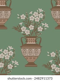 Patrón sin fisuras con florero griego antiguo decorativo y flores
