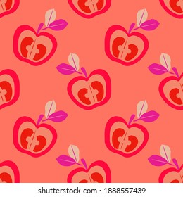 Seamless pattern of decorative apple tree motif with leaves.Image on white and colored background.