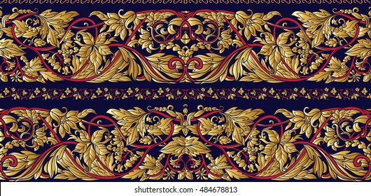 Seamless pattern with decorative arrows in classic style in gold on black background.  Vector illustration. 