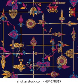 Seamless pattern with decorative arrows in classic style in gold on black background.  Vector illustration. 
