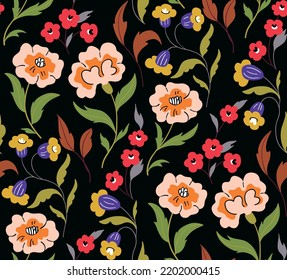 Seamless pattern with decorative art autumn meadow. Folk style floral print, botanical background with hand drawn wild plants: various flowers, leaves. Vector illustration.