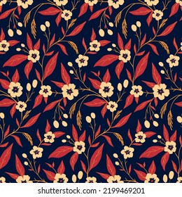 Patrón inmaculado, arte decorativo con estampado floral con otoño, botánica de invierno, flores pequeñas, hojas sobre ramas. Diseño de fondo botánico con motivos folclóricos tradicionales. Ilustración vectorial.