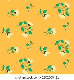 Seamless pattern, decorative art floral print with small flowers branches in an abstract composition on a yellow background. Pretty botanical surface design with blooming twigs, leaves. Vector.