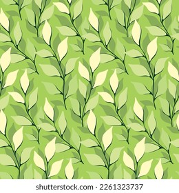 Seamless pattern with decorative art leaves on a green background. Vector illustration.