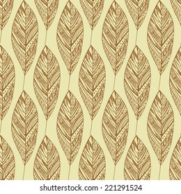 Seamless pattern with decorative autumn leaves. Brown contour on a beige background.
