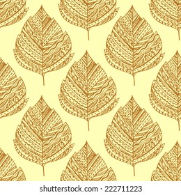 Seamless pattern with decorative autumn leaves, brown contour on a yellow background.