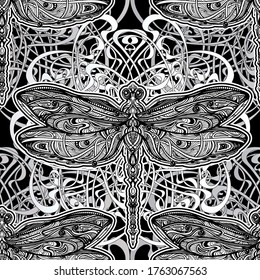 Seamless pattern. Decorative background consisting of Indian mandalas, elements of Paisley and Dragonfly - symbol of happiness. Arabic, Indian, Japanese motifs. Perfect for printing on fabric or paper
