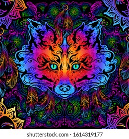 Seamless pattern. Decorative background - Ornate a muzzle fox with elements of arabic and indian mandala and mehendi in Boho style in psychedelic colors