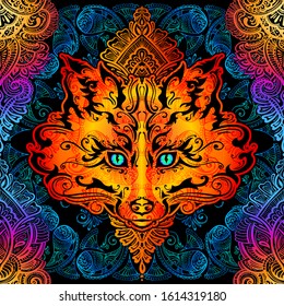 Seamless pattern. Decorative background - Ornate a muzzle fox with elements of arabic and indian mandala and mehendi in Boho style in psychedelic colors