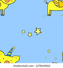 Seamless pattern. Decorative background. Yellow stars and pig with wings and horn. Cute cartoon character. Design element. Vector illustration.  
