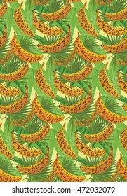 seamless pattern with decorative bananas wild leopard coloring. Dangerous Bananas on a vector pattern with banana leaves and other tropical plants.cheeky striped background.