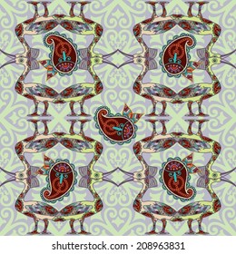 seamless pattern with decorative bird in paisley ornament