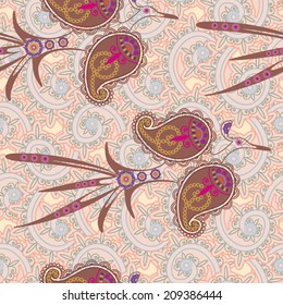 seamless pattern with decorative bird in paisley ornament