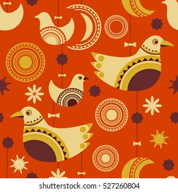 Seamless pattern with decorative birds hanging a thread, flowers and round elements. Holiday style. Good for Christmas and New Year background, wedding invitation.