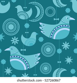 Seamless pattern with decorative birds hanging a thread, flowers and round elements. Holiday style. Good for Christmas and New Year background, wedding invitation.