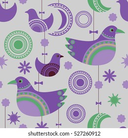 Seamless pattern with decorative birds hanging a thread, flowers and round elements. Holiday style. Good for Christmas and New Year background, wedding invitation.
