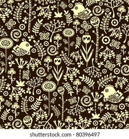 Seamless pattern with decorative birds, hearts and flowers. Vector doodle texture.