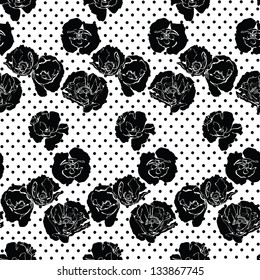 Seamless pattern with decorative black poppy flowers on white background. Vector illustration