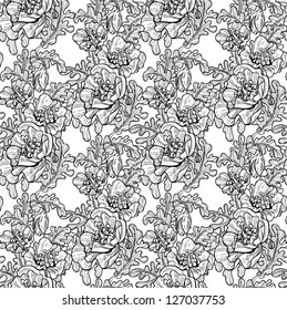 Seamless pattern of decorative black and white poppies