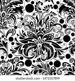 seamless pattern of decorative black and white flowers in indian style on a white background, seamless ornament of baroque flowers branches