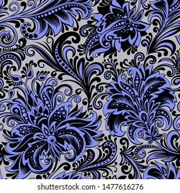 seamless pattern of decorative blue flowers in indian style on a white background,  ornament of baroque flowers 