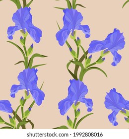 Seamless pattern with decorative blue iris flower on a beige background . Vector illustration. For decoration textile, packaging.