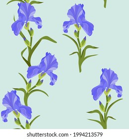 Seamless pattern with decorative blue iris flower on a blue background . Vector illustration. For decoration textile, packaging.