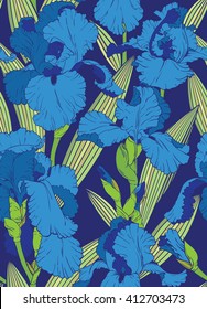 Seamless pattern with decorative blue iris flowers on dark blue background.