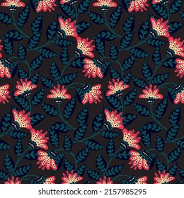 Seamless pattern with decorative botanical composition on a dark background. Floral print in traditional folk style. Ornate botany surface with painting flowers, leaves on branches. Vector.