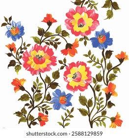 seamless pattern with decorative botanical flower branches isolated on white background. kalamkari pattern. floral branch pattern. perfect for textile, allover, wrapping paper, fabric, wallpaper.
