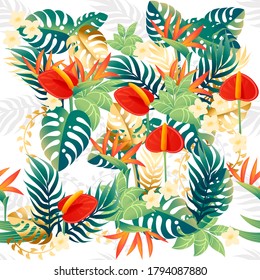 Seamless pattern of decorative bouquet flowers red anthurium floral element for garden or flower pot flat vector illustration on white background