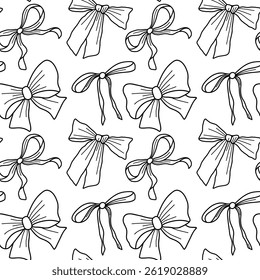 Seamless Pattern of Decorative Bows with Elegant Loops and Stylish Ribbons. Delicate hand-drawn bows arranged in a seamless pattern. Perfect for decorative projects, wrapping designs, and elegant back