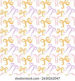 Seamless pattern with decorative bows in pink, purple, and yellow. Bright and soft vector background perfect for packaging, greeting cards, and kids' design.