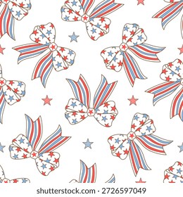 Seamless pattern of decorative bows in red, white, and blue with stars. Ideal for patriotic designs, Independence Day decorations, fabric, and festive backgrounds.